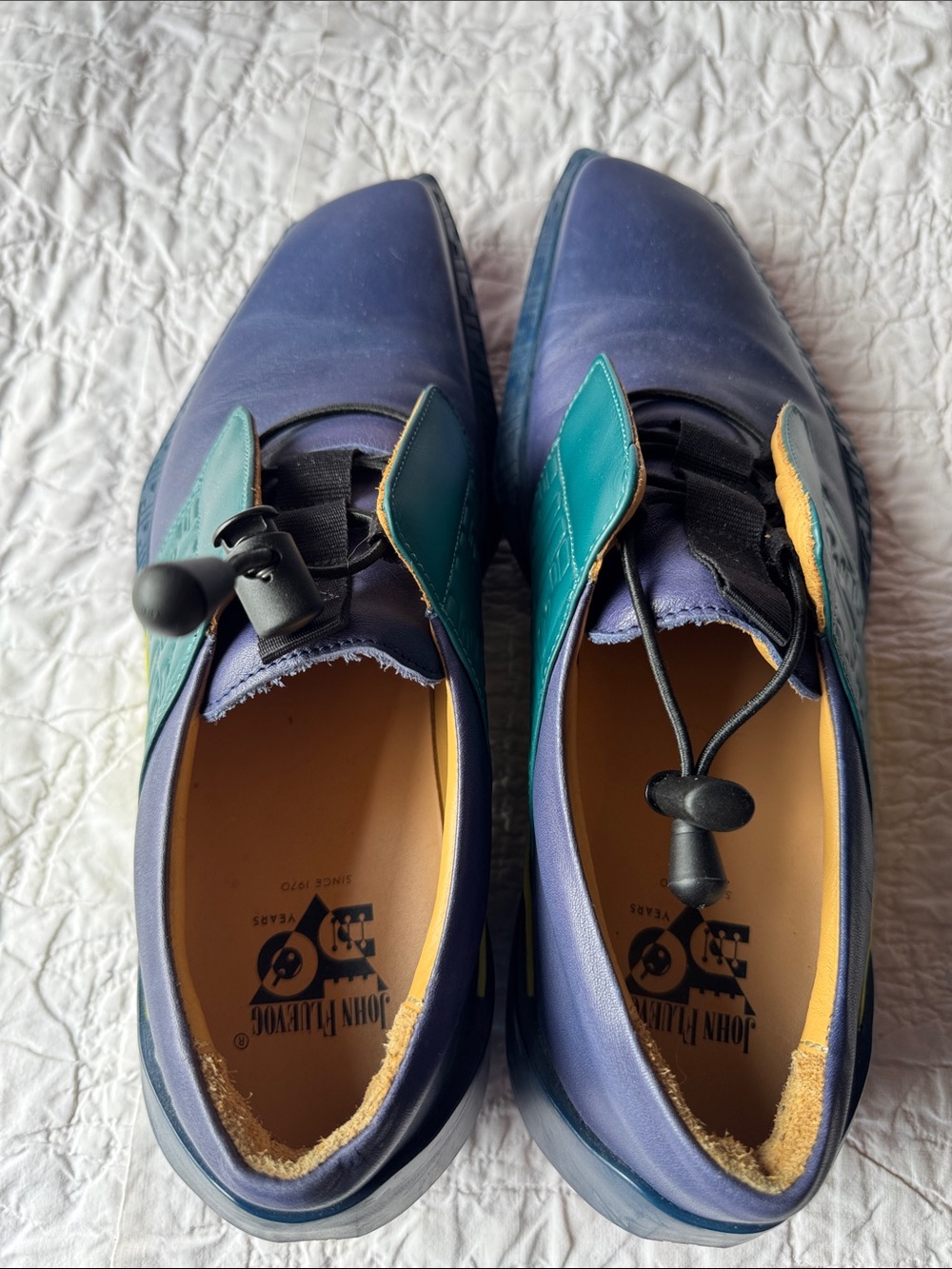 John Fluevog Navy, Green, and Yellow Leather Oxfords - Picture 10 of 13